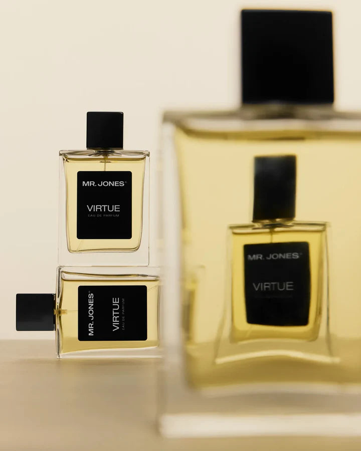 Virtue Eau De Parfum for men in sleek glass bottle with black label and cap, displayed with lifestyle shots and luxury background