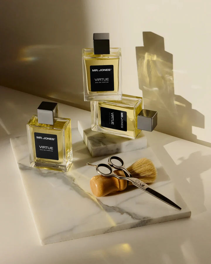Virtue Eau De Parfum for men in sleek glass bottle with black label and cap, displayed with lifestyle shots and luxury background