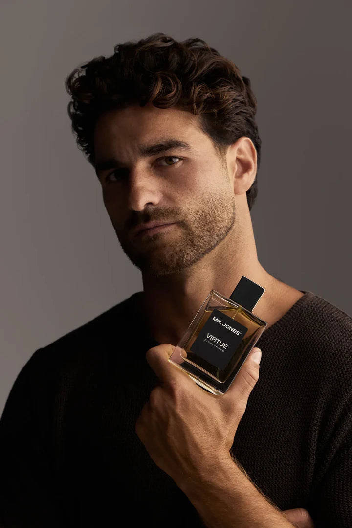 Virtue Eau De Parfum for men in sleek glass bottle with black label and cap, displayed with lifestyle shots and luxury background