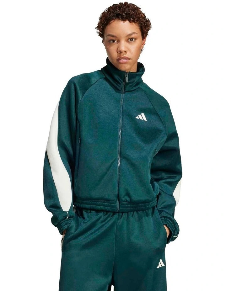 Adidas Stadium Track Top in soft knit with satin piping and 3 Bar Logo, zip pockets, made from recycled polyester and cotton