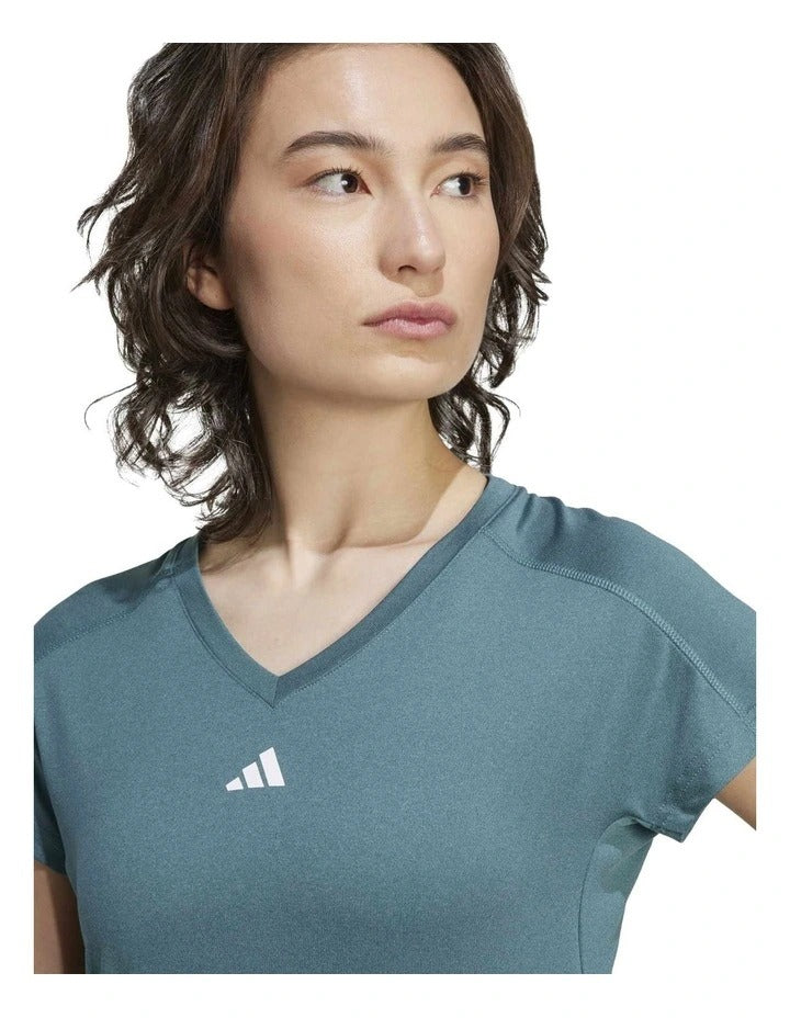 Adidas AeroReady Train Essentials Minimal Branding V-Neck Tee for men – lightweight recycled polyester training t-shirt with moisture-wicking technology and minimalist 3 Bar Logo