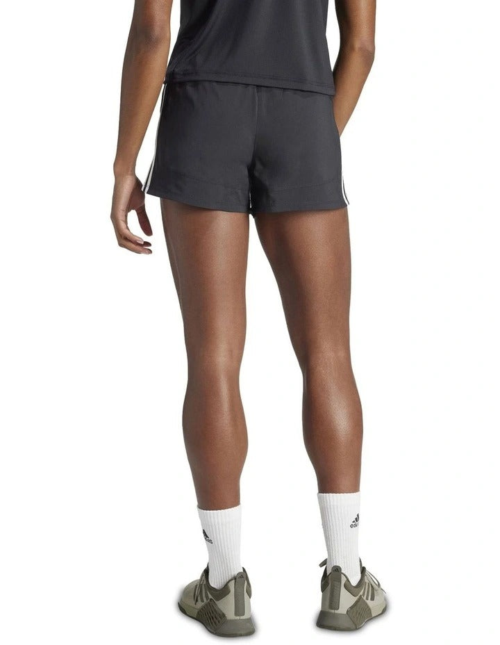 Adidas Pacer Training 3-Stripes Woven High-Rise Shorts for women in black, lightweight recycled polyester with AEROREADY moisture control and elastic waistband