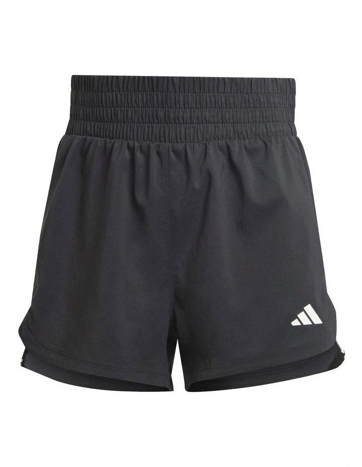 Adidas Pacer Training 3-Stripes Woven High-Rise Shorts for women in black, lightweight recycled polyester with AEROREADY moisture control and elastic waistband