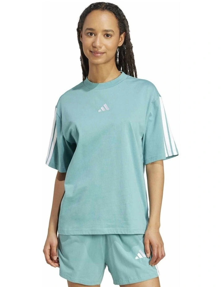 Adidas Essentials 3-Stripes Boyfriend Tee in black cotton with relaxed fit and iconic 3-stripes design