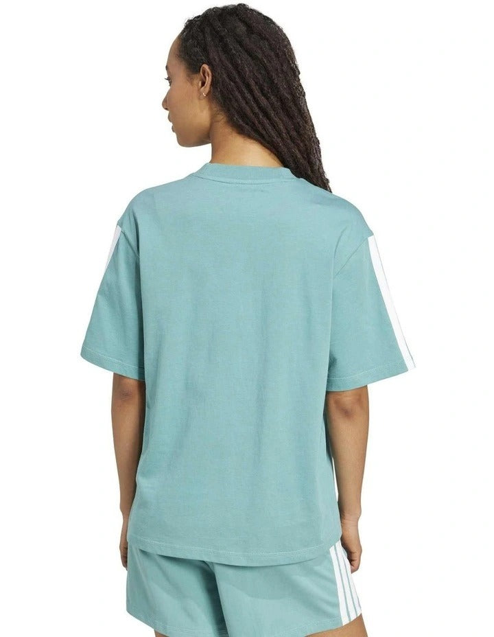 Adidas Essentials 3-Stripes Boyfriend Tee in black cotton with relaxed fit and iconic 3-stripes design