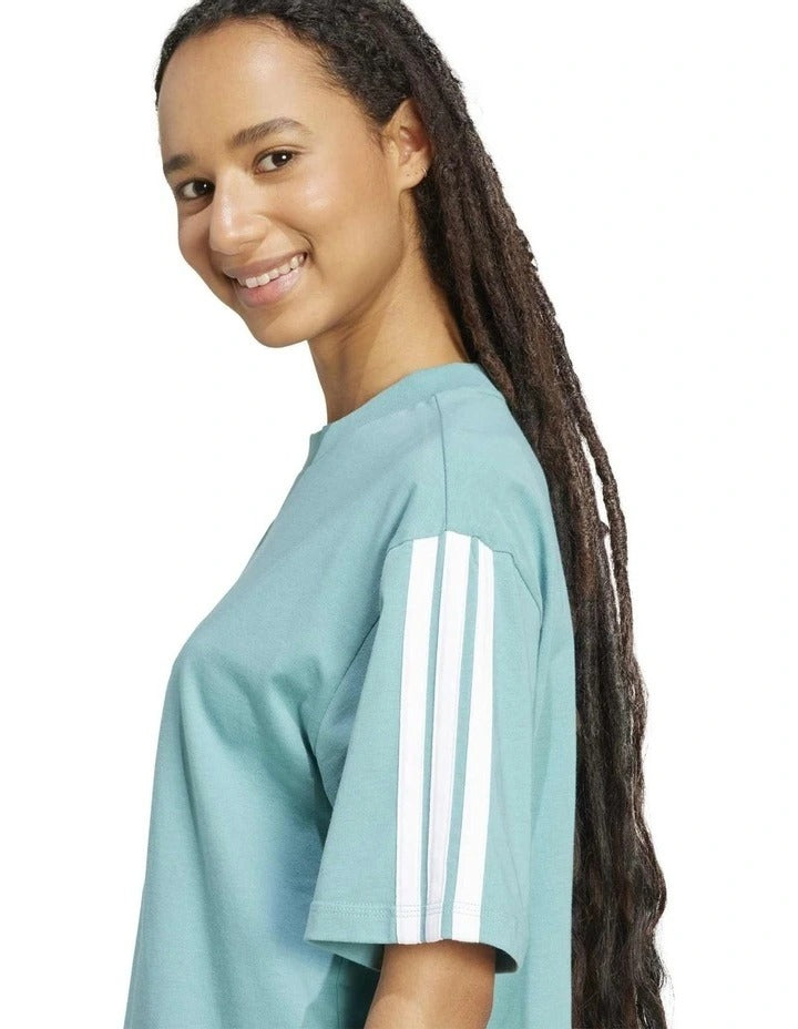Adidas Essentials 3-Stripes Boyfriend Tee in black cotton with relaxed fit and iconic 3-stripes design