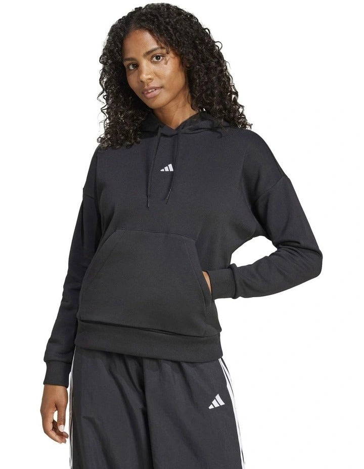 Adidas fleece hoodie with 3-bar chest logo, soft cotton blend, cozy relaxed fit