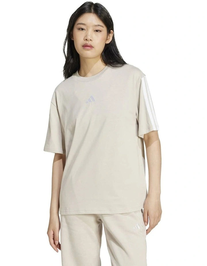 Adidas Essentials 3-Stripes Boyfriend T-shirt in white cotton, relaxed fit casual sporty tee for women