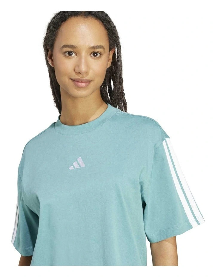 Adidas Essentials 3-Stripes Boyfriend Tee in black cotton with relaxed fit and iconic 3-stripes design