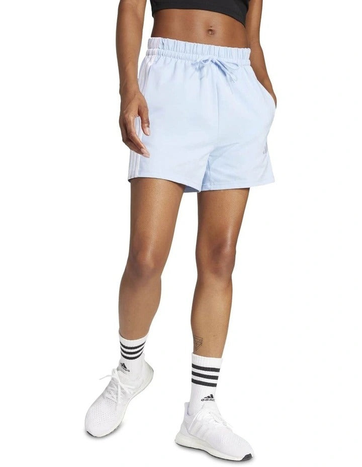 Adidas Essentials 3-Stripes Cotton Shorts in black with soft cotton fabric and signature 3-stripes down the sides