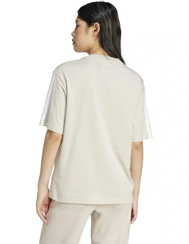 Adidas Essentials 3-Stripes Boyfriend T-shirt in white cotton, relaxed fit casual sporty tee for women