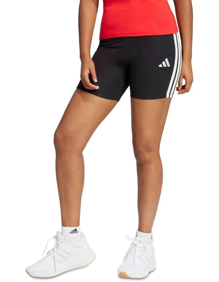 Adidas Essentials 3-Stripes High Waisted Biker Shorts in black with white stripes, cotton-elastane stretch fabric, sporty slim fit