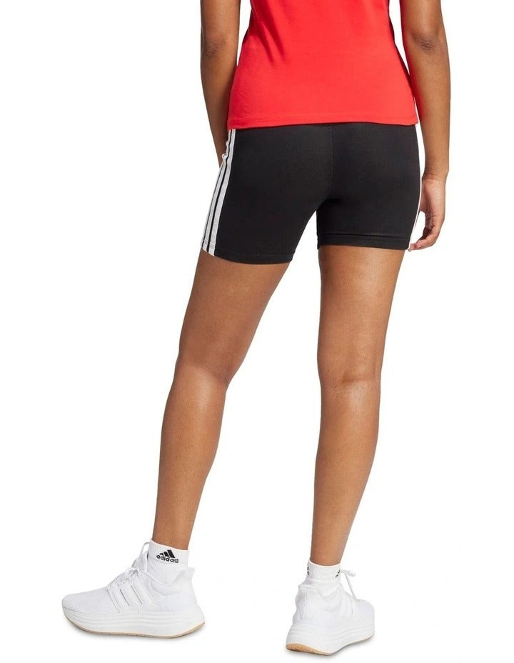 Adidas Essentials 3-Stripes High Waisted Biker Shorts in black with white stripes, cotton-elastane stretch fabric, sporty slim fit