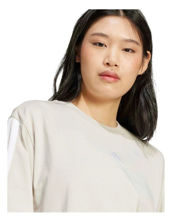 Adidas Essentials 3-Stripes Boyfriend T-shirt in white cotton, relaxed fit casual sporty tee for women