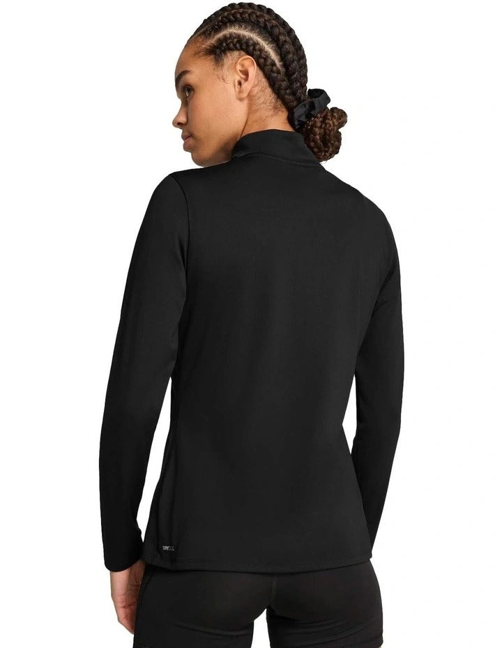 Person wearing a black jacket with a brand logo on a white background