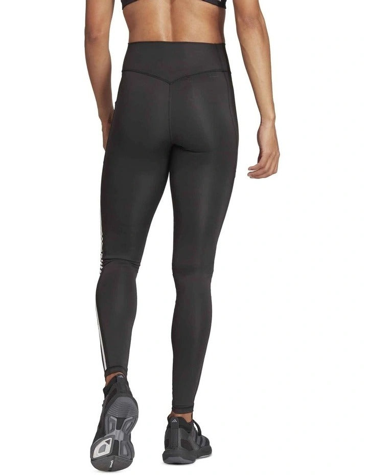 Adidas Optime 3 Stripes Full Length Training Leggings in recycled polyester with high-rise waistband and side pocket