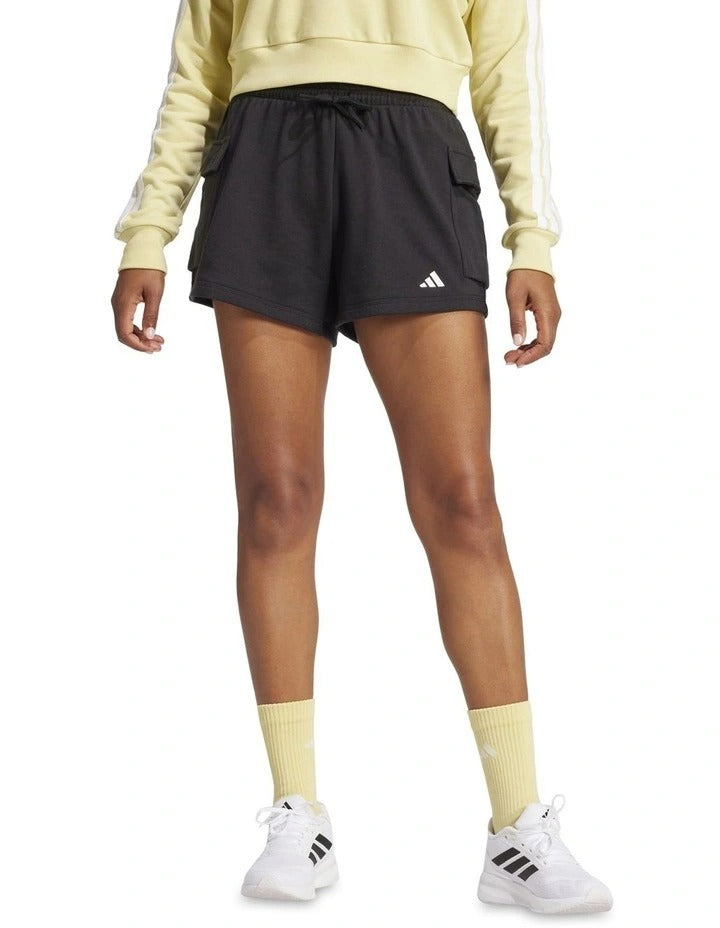 Adidas Essentials Small Logo French Terry Cargo Shorts in grey, made with 70% cotton and 30% recycled polyester, casual and comfortable style for everyday wear.