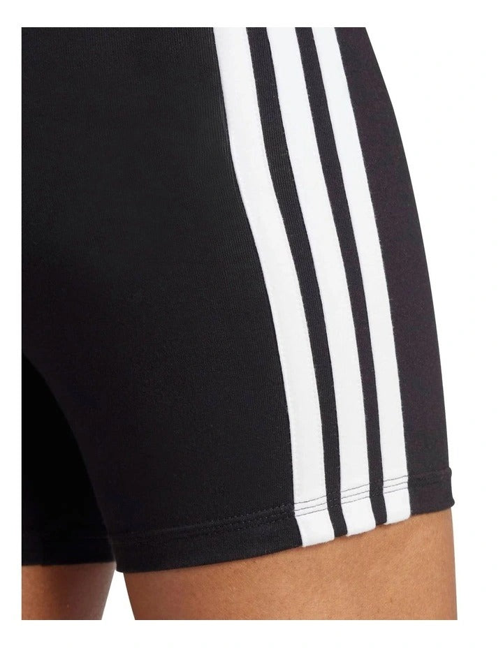 Adidas Essentials 3-Stripes High Waisted Biker Shorts in black with white stripes, cotton-elastane stretch fabric, sporty slim fit