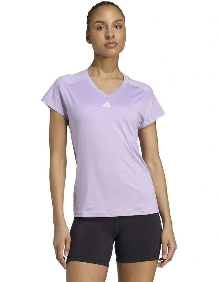 Adidas Aeroready Train Essentials Minimal Branding V-Neck Tee in recycled polyester blend, lightweight performance t-shirt with moisture-wicking technology and minimalist 3 Bar Logo.