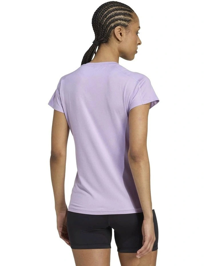Adidas Aeroready Train Essentials Minimal Branding V-Neck Tee in recycled polyester blend, lightweight performance t-shirt with moisture-wicking technology and minimalist 3 Bar Logo.
