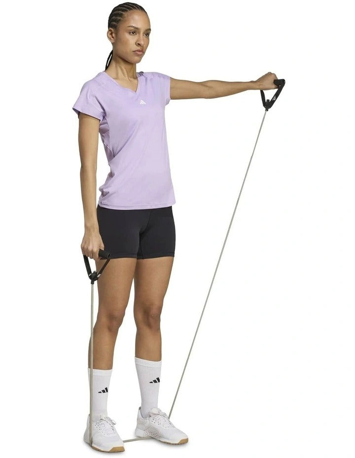 Adidas Aeroready Train Essentials Minimal Branding V-Neck Tee in recycled polyester blend, lightweight performance t-shirt with moisture-wicking technology and minimalist 3 Bar Logo.