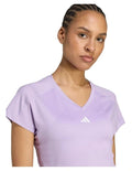 Adidas Aeroready Train Essentials Minimal Branding V-Neck Tee in recycled polyester blend, lightweight performance t-shirt with moisture-wicking technology and minimalist 3 Bar Logo.
