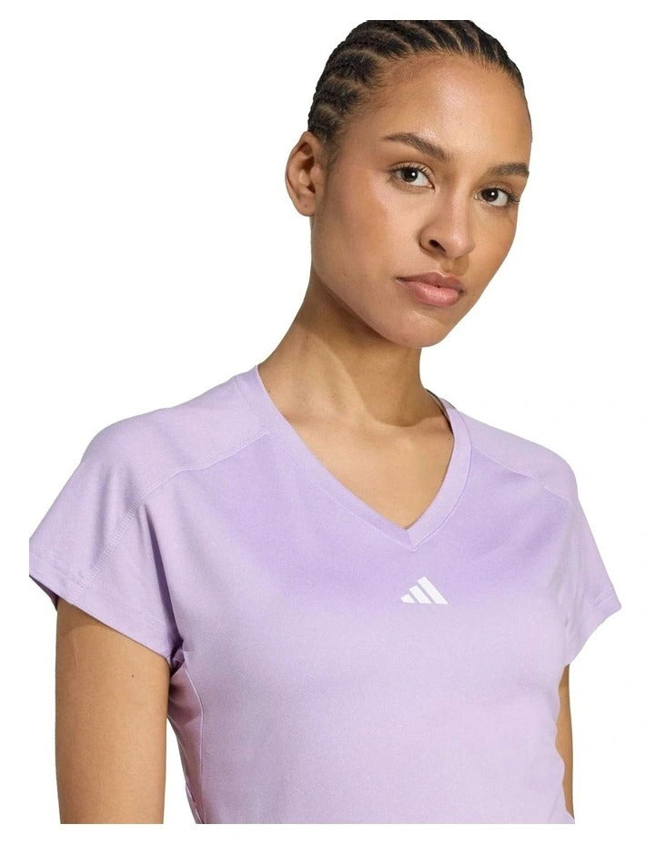 Adidas Aeroready Train Essentials Minimal Branding V-Neck Tee in recycled polyester blend, lightweight performance t-shirt with moisture-wicking technology and minimalist 3 Bar Logo.