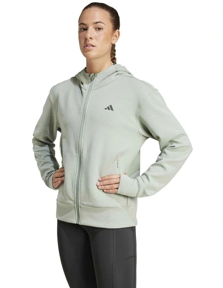 Adidas Training Full-Zip Hooded Sweatshirt for men with Climacool technology, soft fleece fabric, side-slip pockets, and recycled polyester blend in black