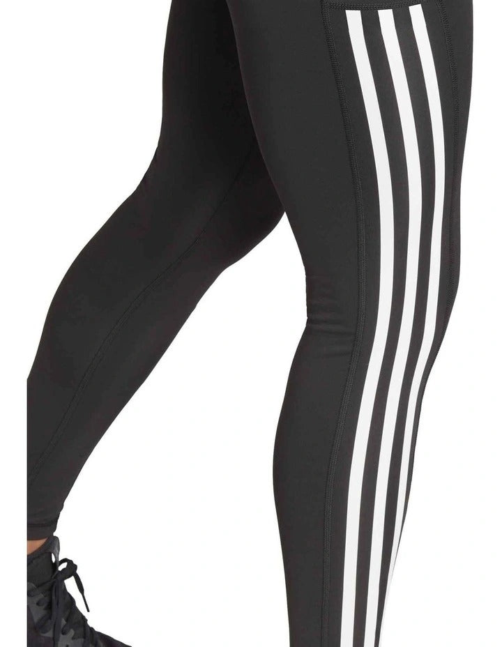 Adidas Optime 3 Stripes Full Length Training Leggings in recycled polyester with high-rise waistband and side pocket