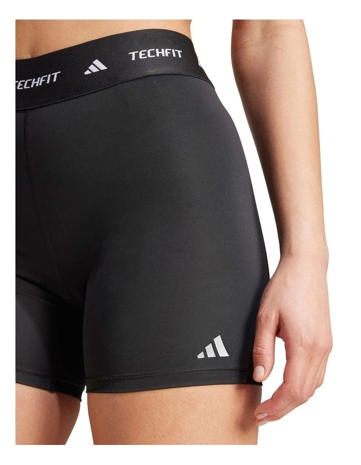 Adidas Techfit Short Leggings in black, 73% recycled polyester, 27% elastane, compression fit, AEROREADY moisture-wicking for workouts