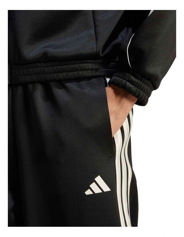 Adidas Stadium Stripes Tracksuit Bottoms in black with signature 3-Stripes, soft recycled polyester-cotton blend, satin piping, and matte rubber-print logo.