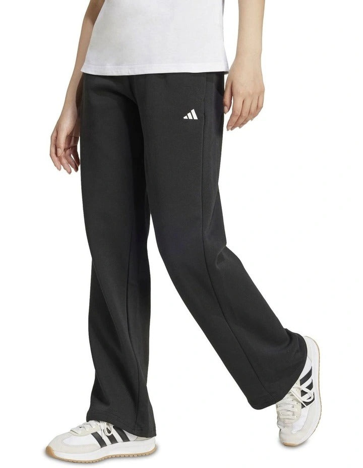 Adidas Essentials Open-Hem Joggers in grey with embroidered logo, soft cotton-polyester fleece, comfortable and stylish casual pants
