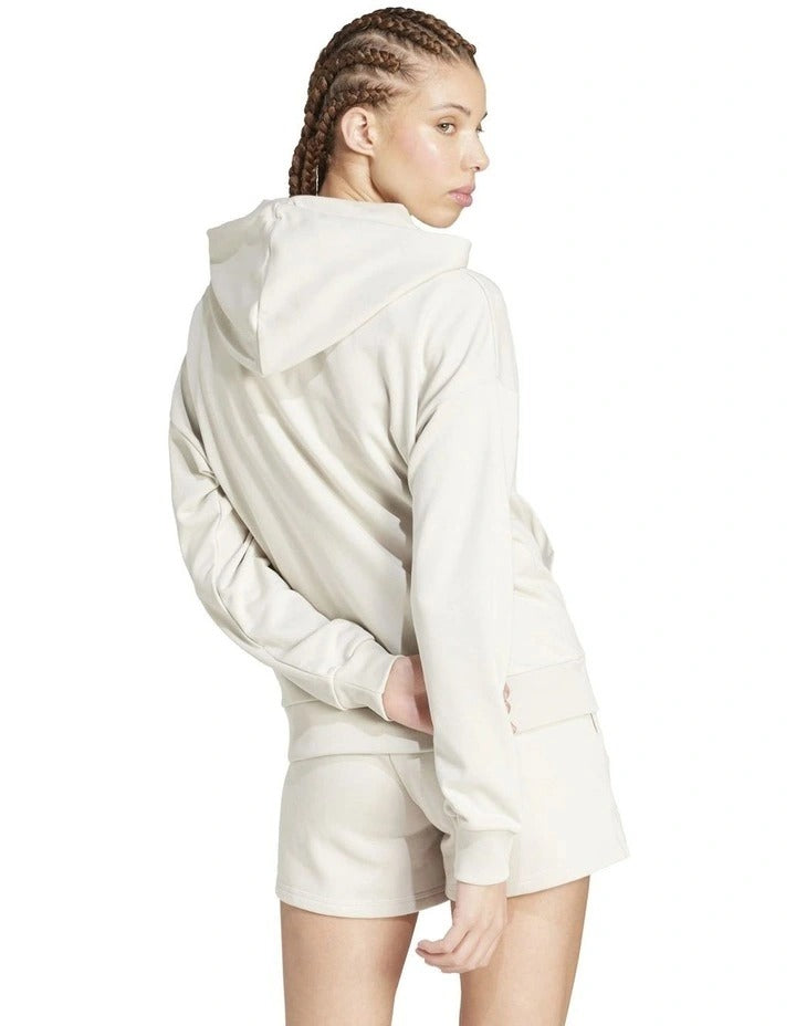 Adidas Essentials Small Logo French Terry Hoodie in grey, 70% cotton 30% recycled polyester, cozy casual wear with 3 Bar Logo on chest