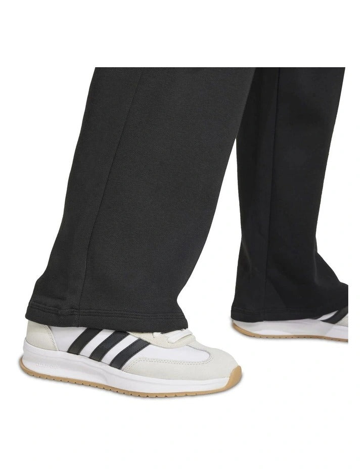 Adidas Essentials Open-Hem Joggers in grey with embroidered logo, soft cotton-polyester fleece, comfortable and stylish casual pants