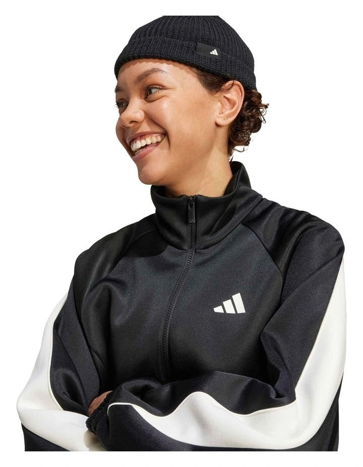 Adidas Stadium Track Top for men in soft knit with satin piping, zip pockets, and 3 Bar Logo – 67% recycled polyester, 33% cotton