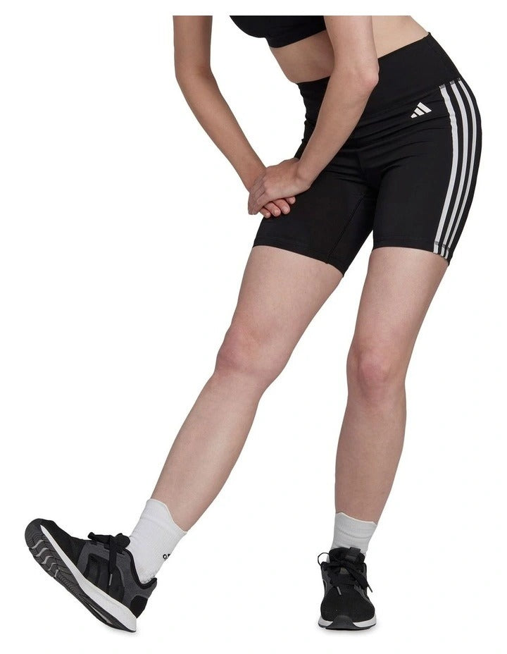 Adidas Train Essentials 3 Stripe Logo Short Tights for Women, High-Rise Waist, Recycled Polyester and Elastane, Black Fitness Leggings