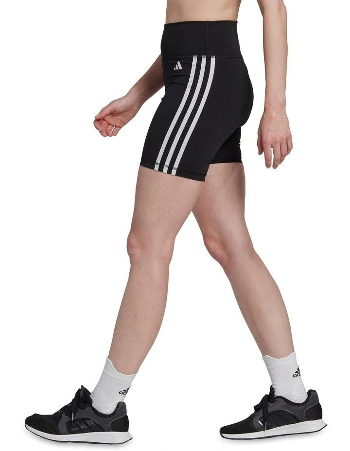 Adidas Train Essentials 3 Stripe Logo Short Tights for Women, High-Rise Waist, Recycled Polyester and Elastane, Black Fitness Leggings