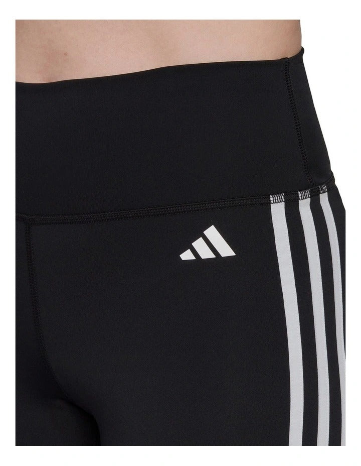 Adidas Train Essentials 3 Stripe Logo Short Tights for Women, High-Rise Waist, Recycled Polyester and Elastane, Black Fitness Leggings