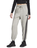 Adidas Essentials 3-Stripes Fleece Loose-Fit Joggers in grey, cozy casual pants with iconic side stripes, made from recycled cotton and polyester blend