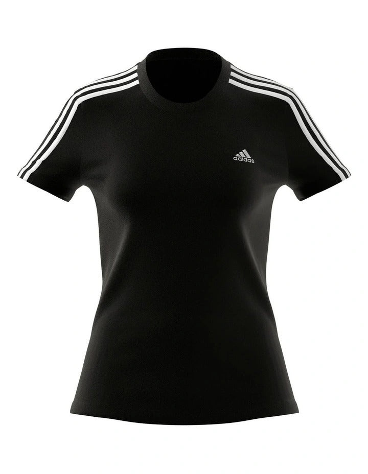 Adidas Essentials 3 Stripe Slim Tee for Women in 100% Cotton with Contrasting Sleeve Stripes