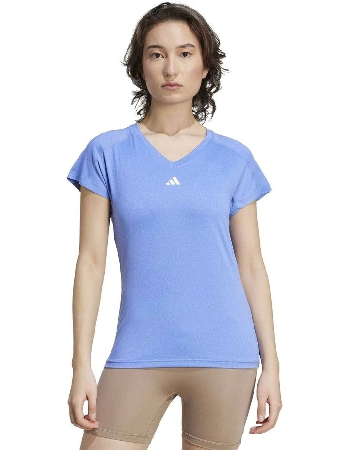 Adidas Aeroready Train Essentials Minimal Branding V-Neck Tee in recycled polyester blend with moisture-wicking fabric