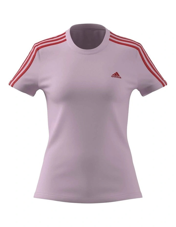 Adidas Essentials Slim 3-Stripes T-Shirt for women in 100% cotton with classic sporty design and contrasting sleeve stripes