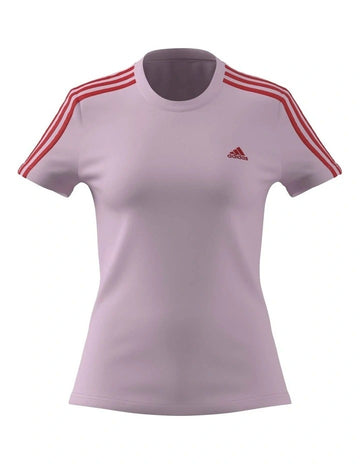 Adidas Essentials Slim 3-Stripes T-Shirt for women in 100% cotton with classic sporty design and contrasting sleeve stripes