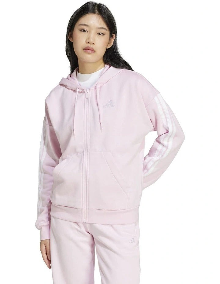 Adidas Essentials 3-Stripes Full-Zip Fleece Hoodie in soft brushed-back fleece with chest logo and adjustable hood