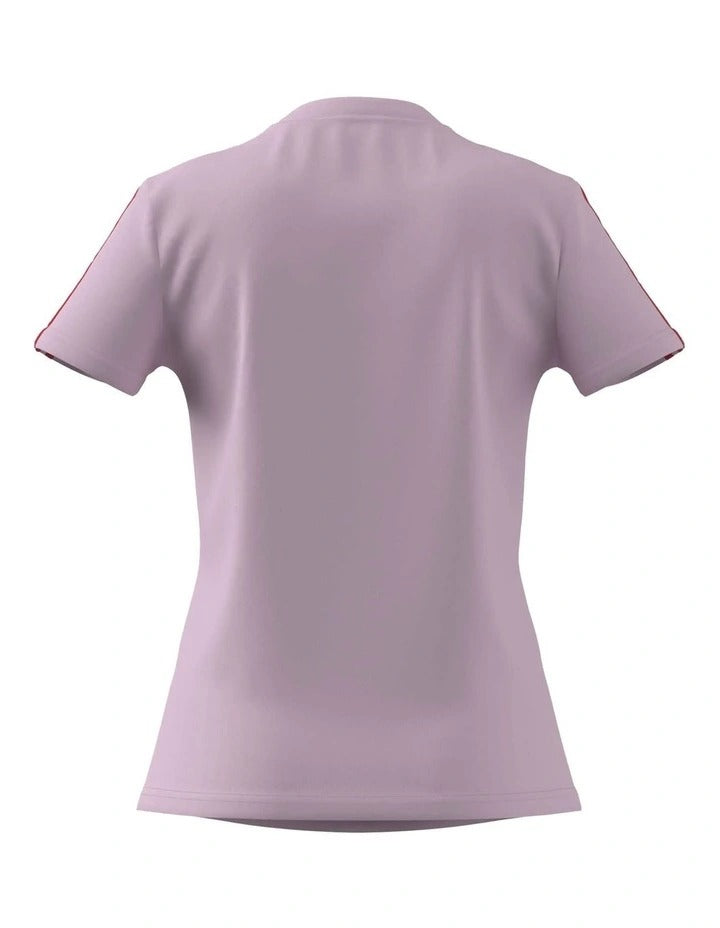 Adidas Essentials Slim 3-Stripes T-Shirt for women in 100% cotton with classic sporty design and contrasting sleeve stripes