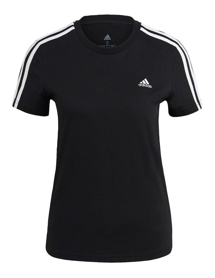 Adidas Essentials 3 Stripe Slim Tee for Women in 100% Cotton with Contrasting Sleeve Stripes