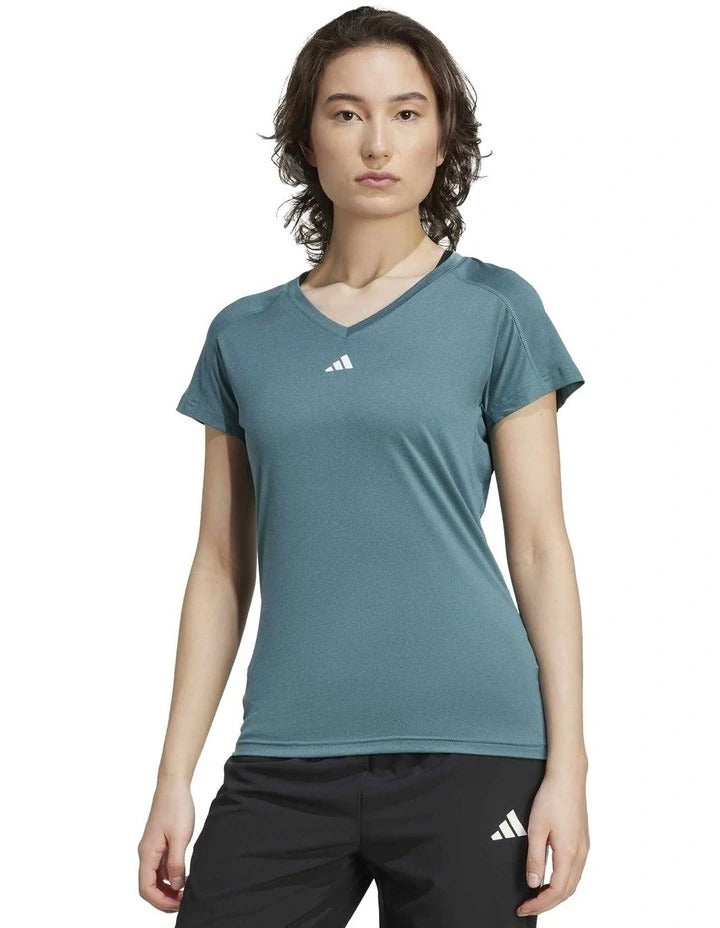 Adidas AeroReady Train Essentials Minimal Branding V-Neck Tee for men – lightweight recycled polyester training t-shirt with moisture-wicking technology and minimalist 3 Bar Logo
