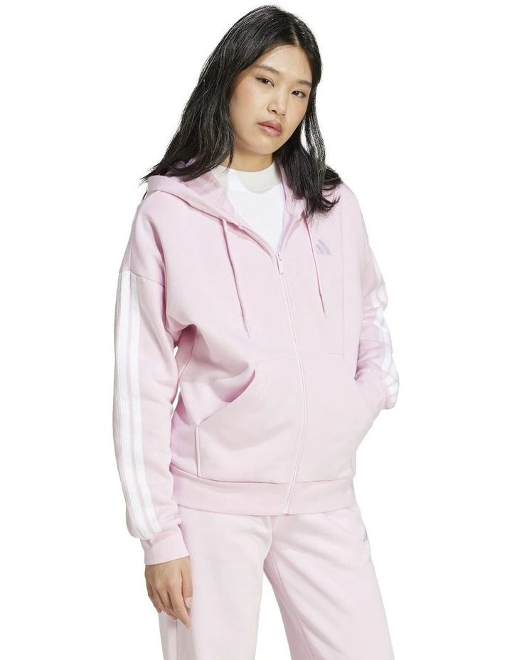 Adidas Essentials 3-Stripes Full-Zip Fleece Hoodie in soft brushed-back fleece with chest logo and adjustable hood