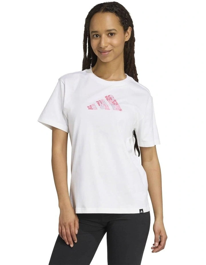 Adidas Soft Side Graphic T-Shirt with floral 3 Bar Logo, 100% cotton casual wear