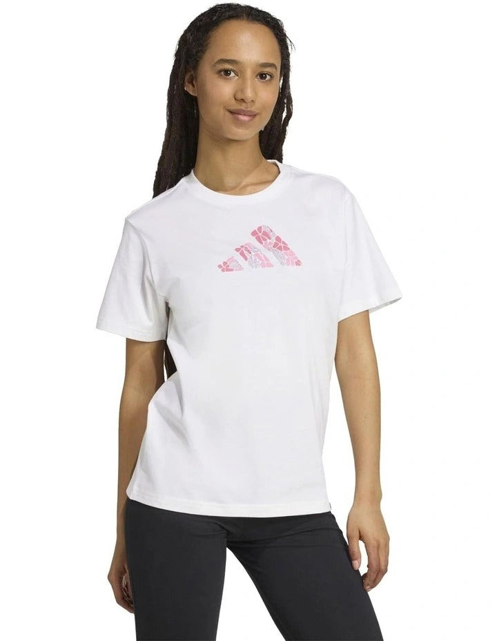 Adidas Soft Side Graphic T-Shirt with floral 3 Bar Logo, 100% cotton casual wear